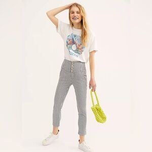 Free People Pants Womens 8 Frankie High Rise Cropped Button Fly Striped Nautical